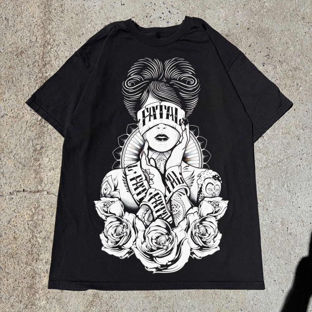Fatal Clothing Mens Black Graphic T-Shirt Tattooed Woman Roses Logo Size Large